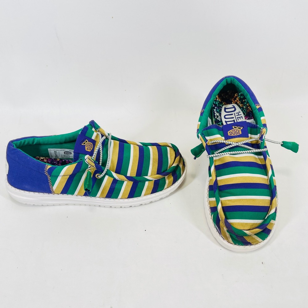 Hey Dude Wally Funk Mardi Gras Party Mens 8 Green Striped Loafers 43831-3U7